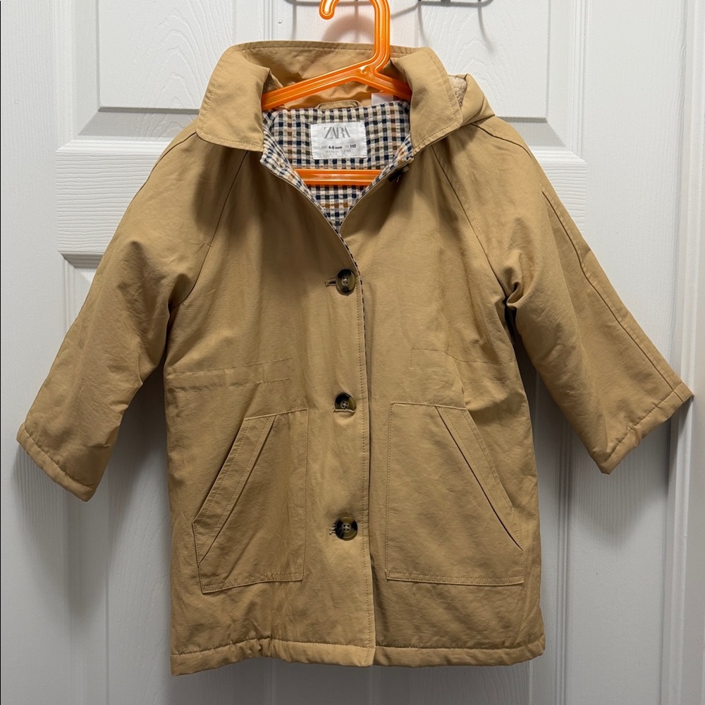 Zara Kids Tan Hooded Raincoat with Check Lining